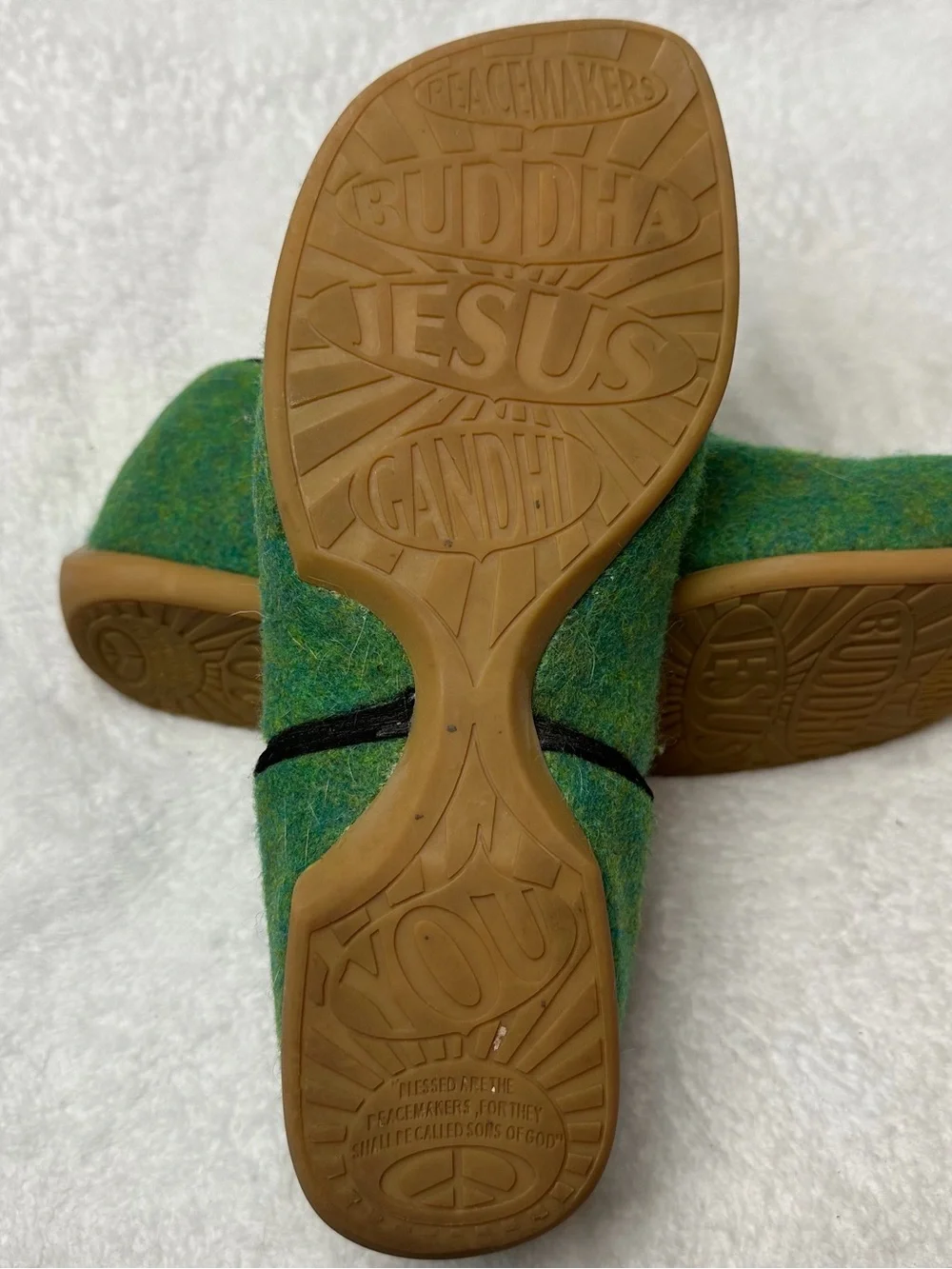John Fluevog Dayan Peacemaker Green Vegan Felt Slippers EU 41 US M8 / W10